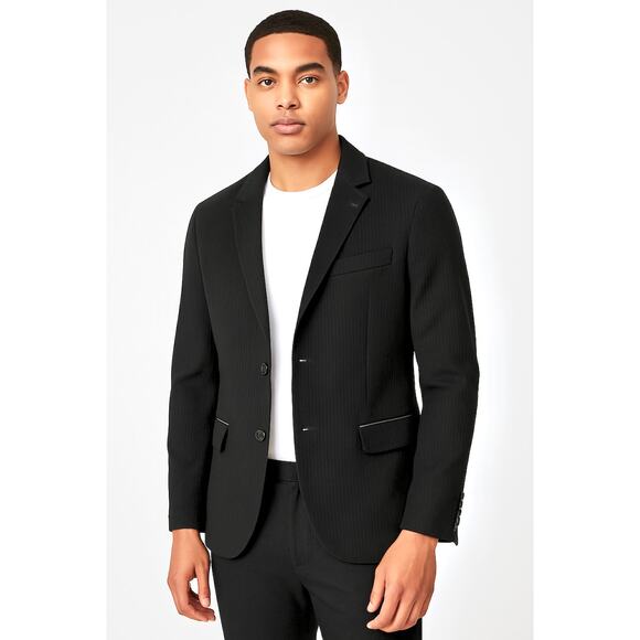 Armani Exchange Men’s Black Pinstripe Blazer Size L Leather Statement Luxury - Picture 1 of 9